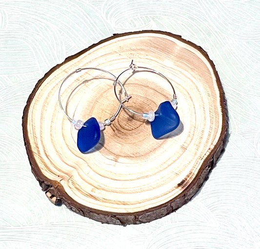 Cobalt Blue Sea Glass Hoop Earrings