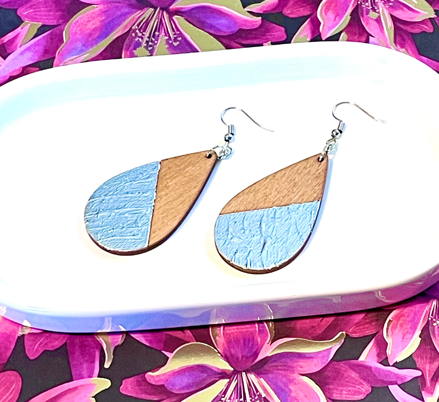 Silver Leaf and Wood Earrings