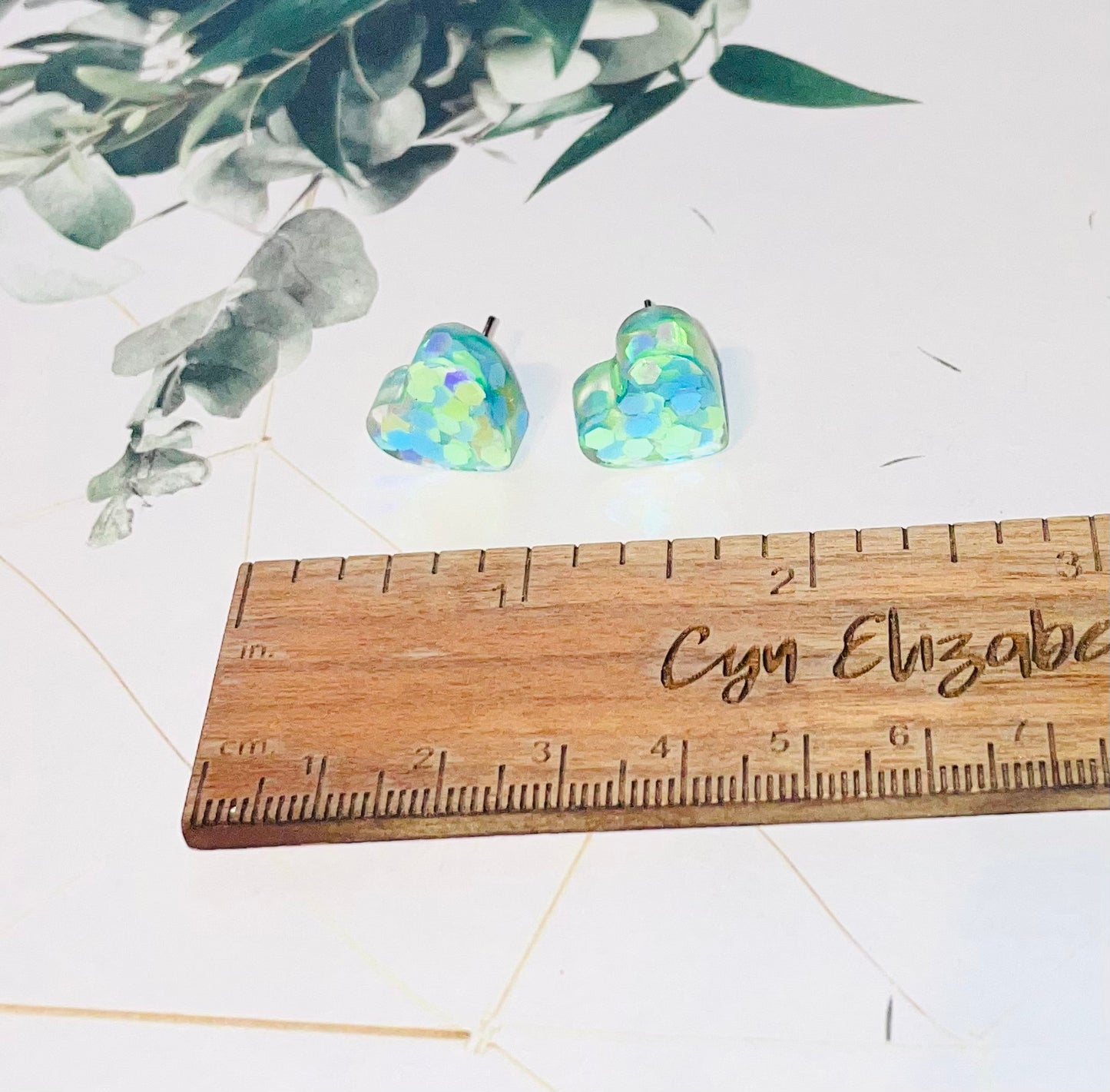 Blue-Green Heart Glitter Stud Earrings