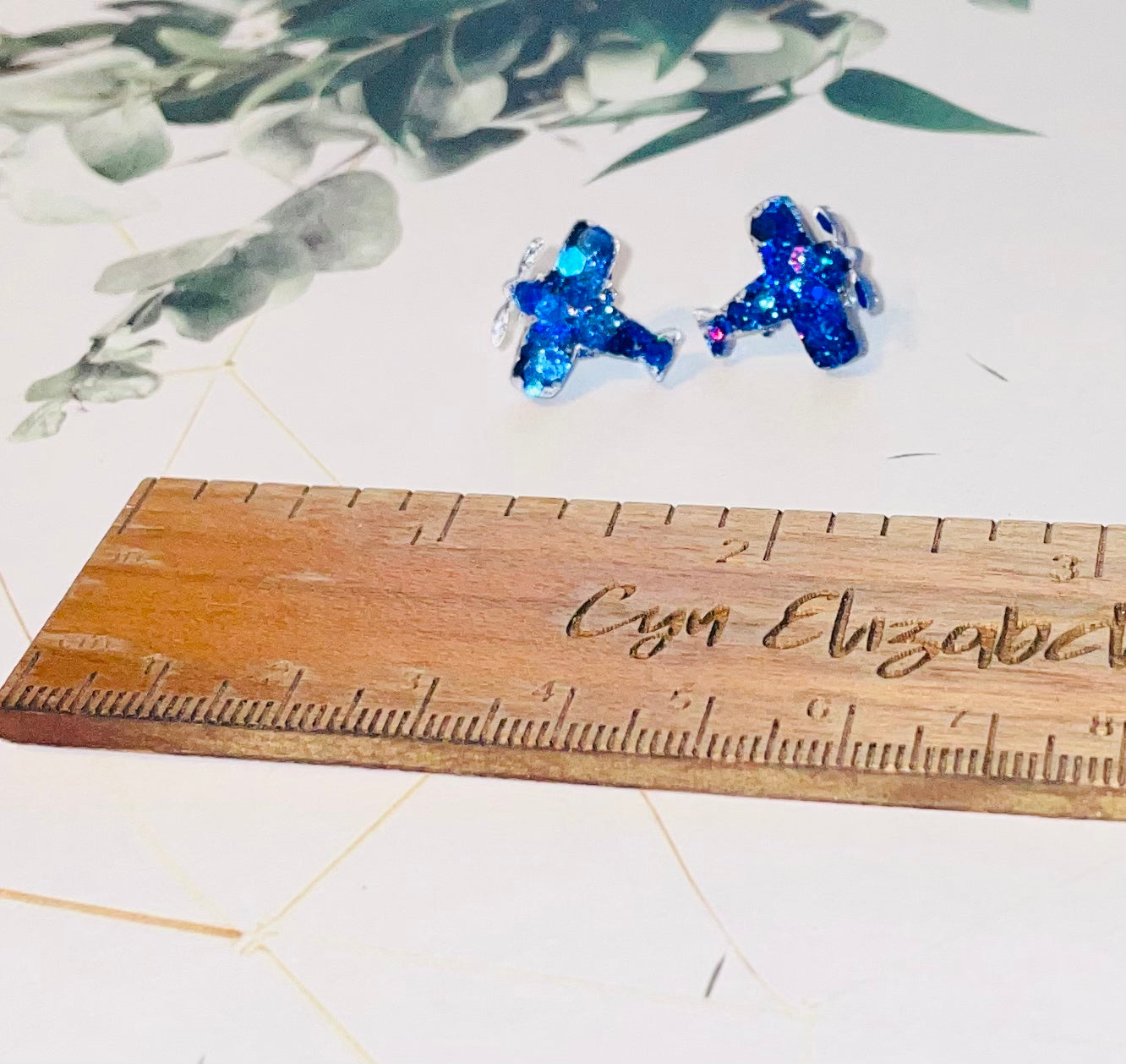 Blue Stearman Plane Glitter Stud Earrings