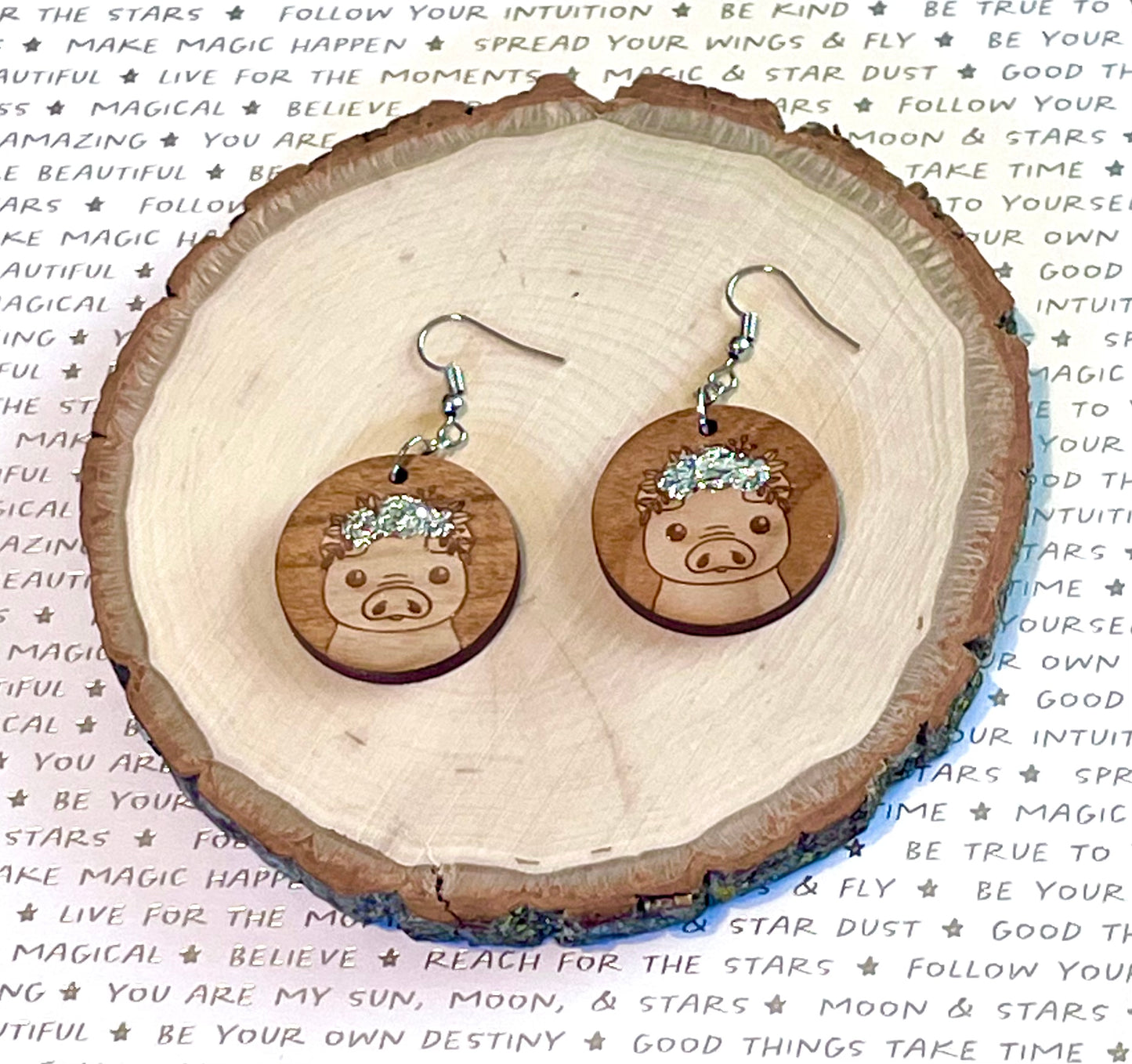 Pig with Flower Crown Wood Earrings