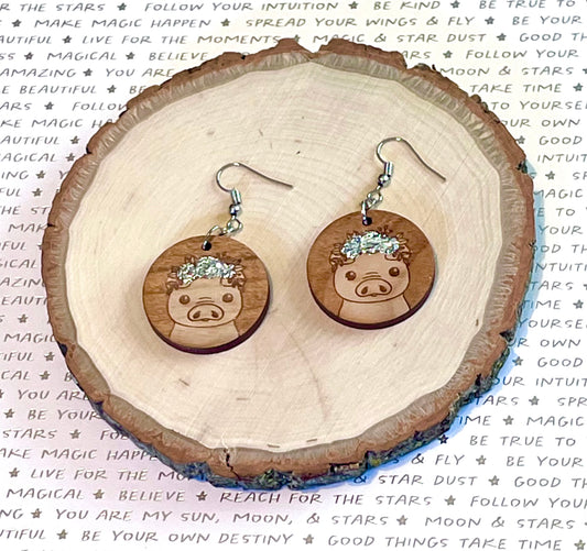 Pig with Flower Crown Wood Earrings