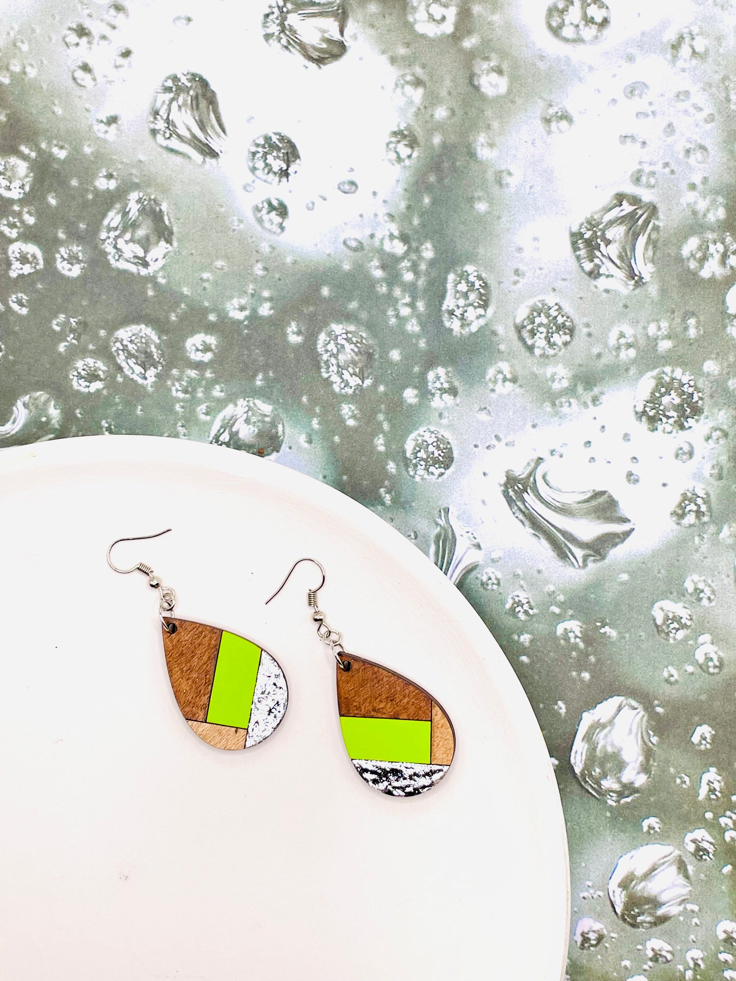 Green and Sliver Modern Wooden Earrings