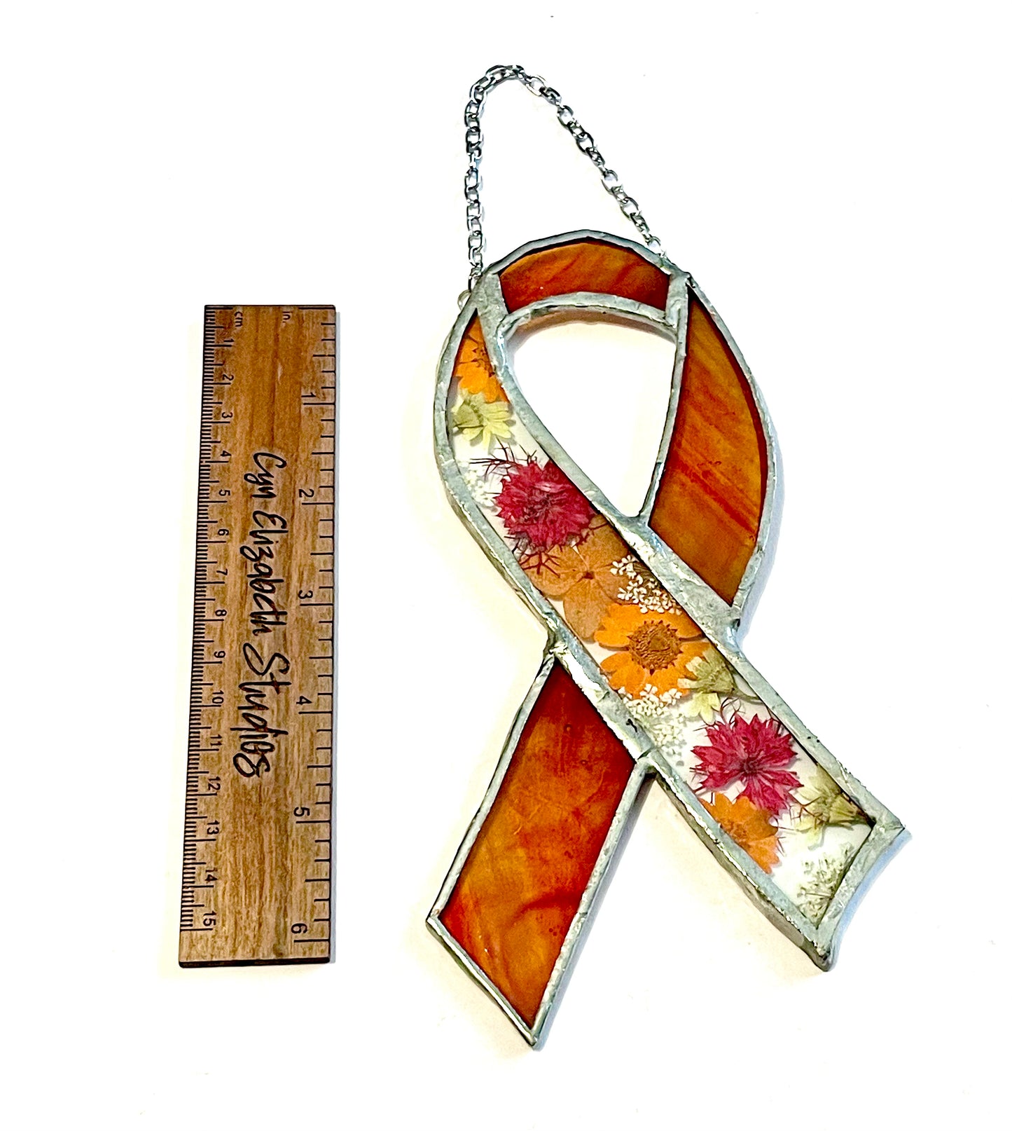 Orange Ribbon Stained Glass with Flower Inlay