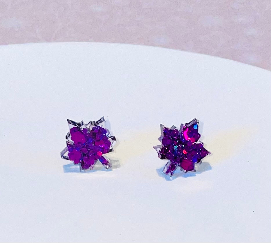 Magenta Leaf Glitter Stud Earrings