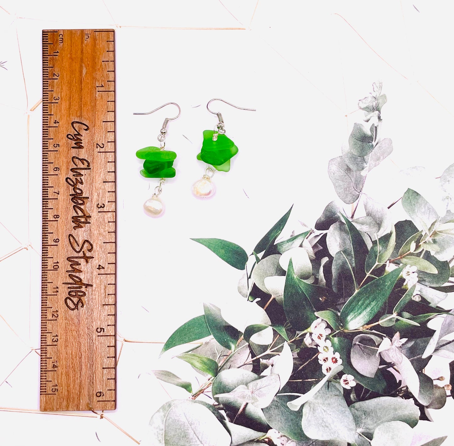 Green Stacker Sea Glass Earrings with Pearl Drops