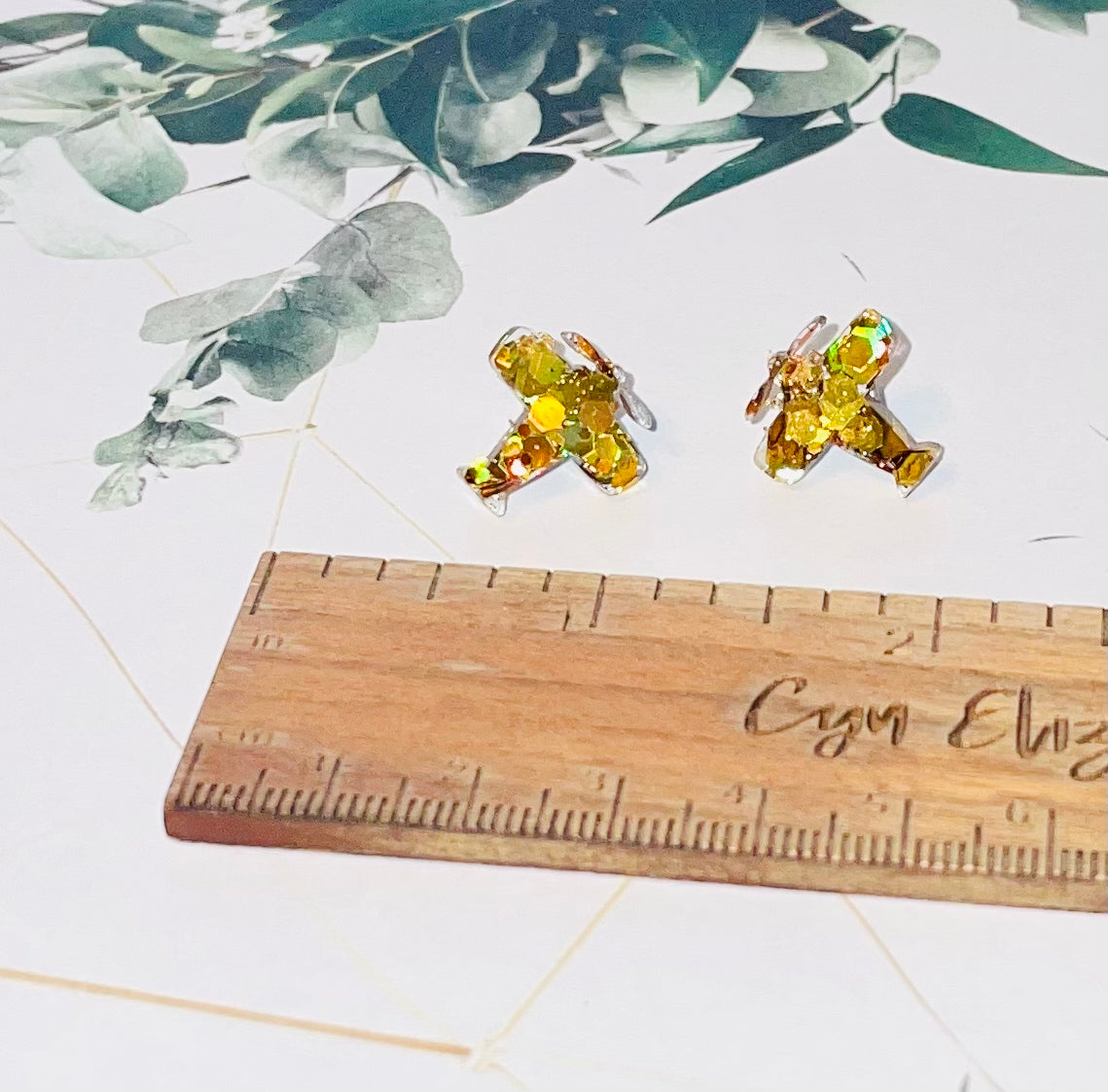 Yellow Plane Glitter Stud Earrings