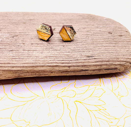 Wood and Gold Leaf Hexagon Stud Earrings