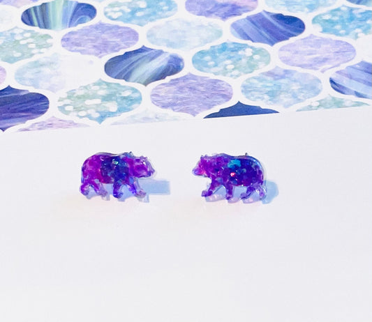 Purple Bear Glitter Stud Earrings