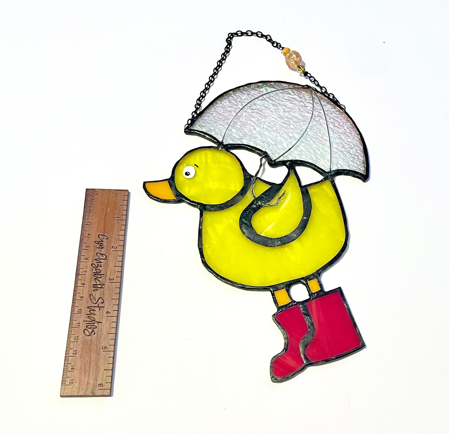 Stained Glass Duck with Rain Boots and Umbrella