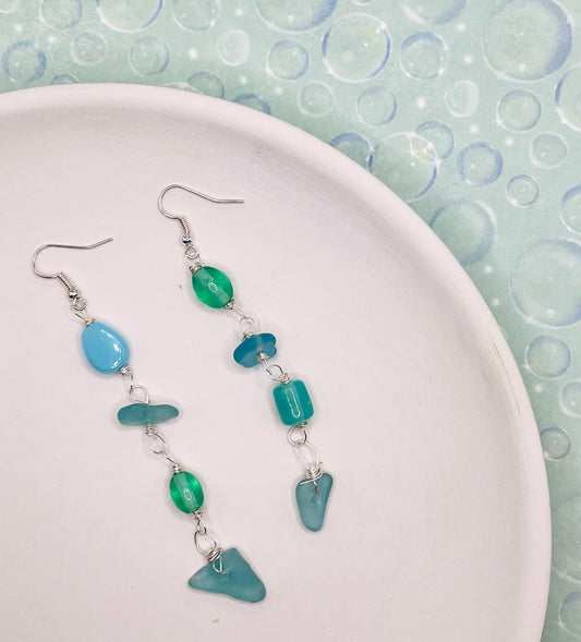 Teal Sea Glass and Bead Earrings