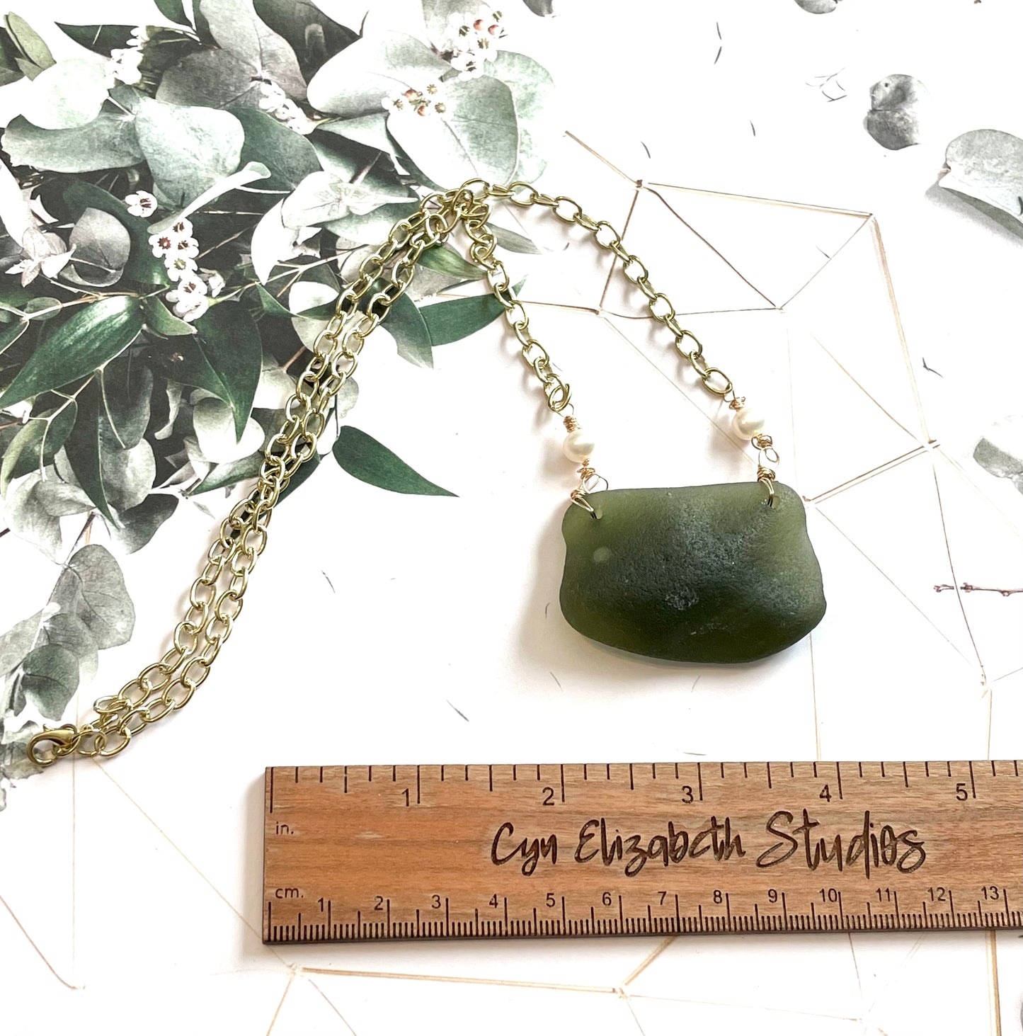 Olive Green Sea Glass Statement Necklace with Pearls