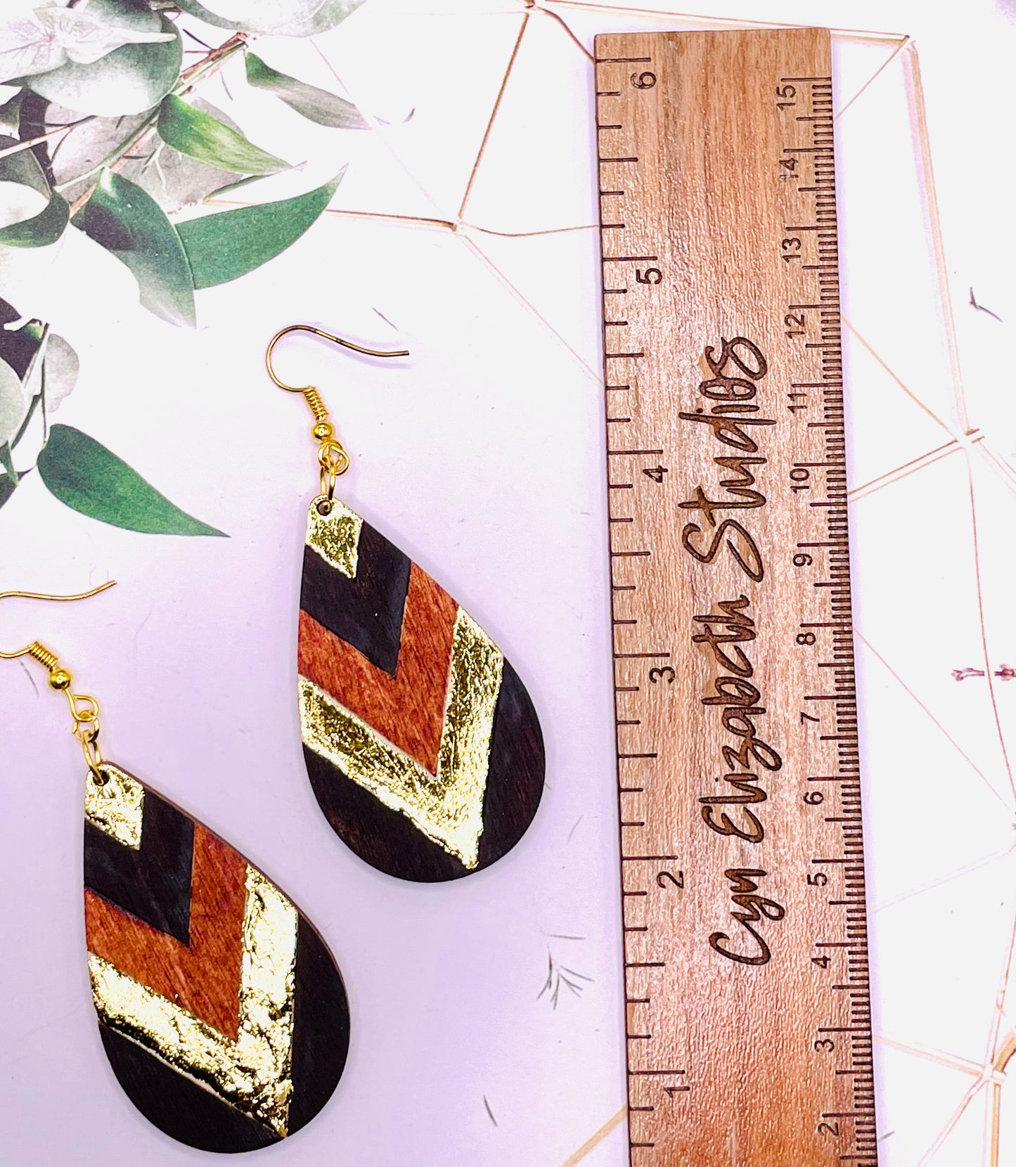 Wood and Gold Leaf Chevron Wood Earrings