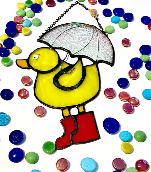 Stained Glass Duck with Rain Boots and Umbrella