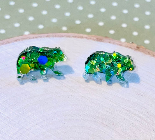 Green Bear Glitter Stud Earrings