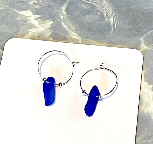 Cobalt Blue Sea Glass Hoop Earrings