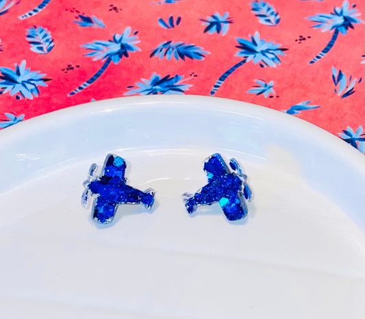 Blue Stearman Plane Glitter Stud Earrings