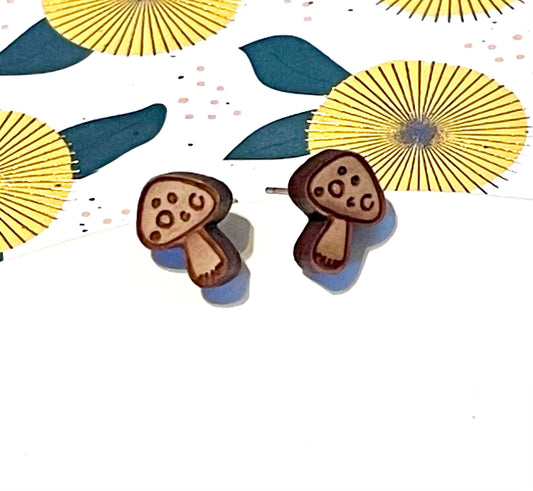 Mushroom Wood Stud Earrings