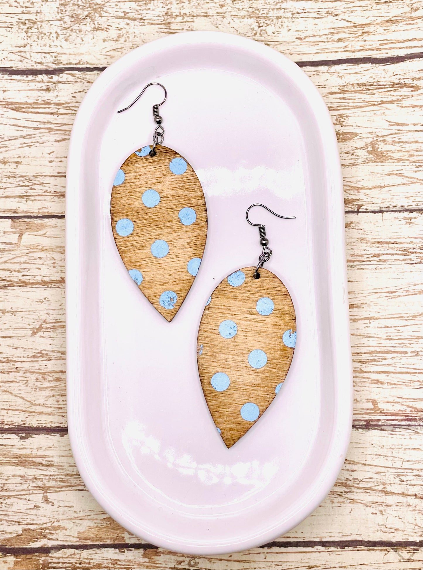 Blue Polka Dot Wooden Earrings