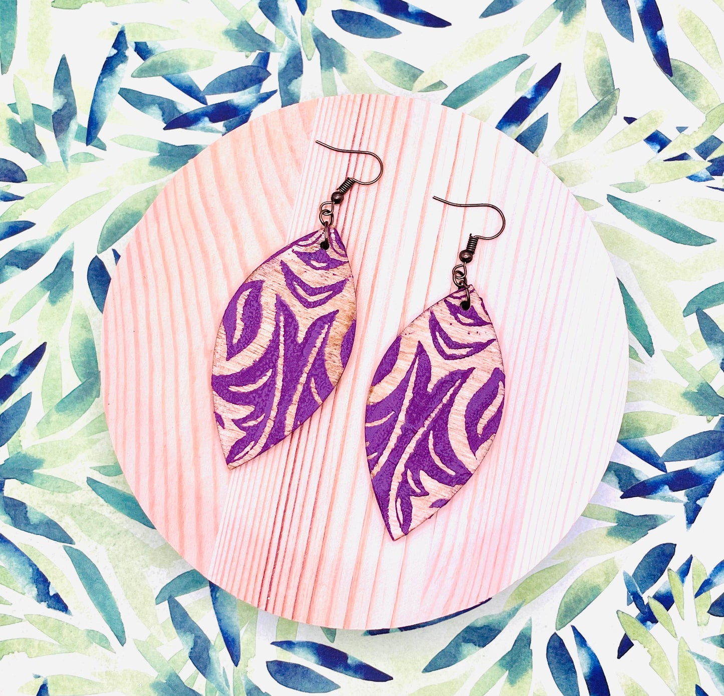 Purple Screenprint Wood Earrings