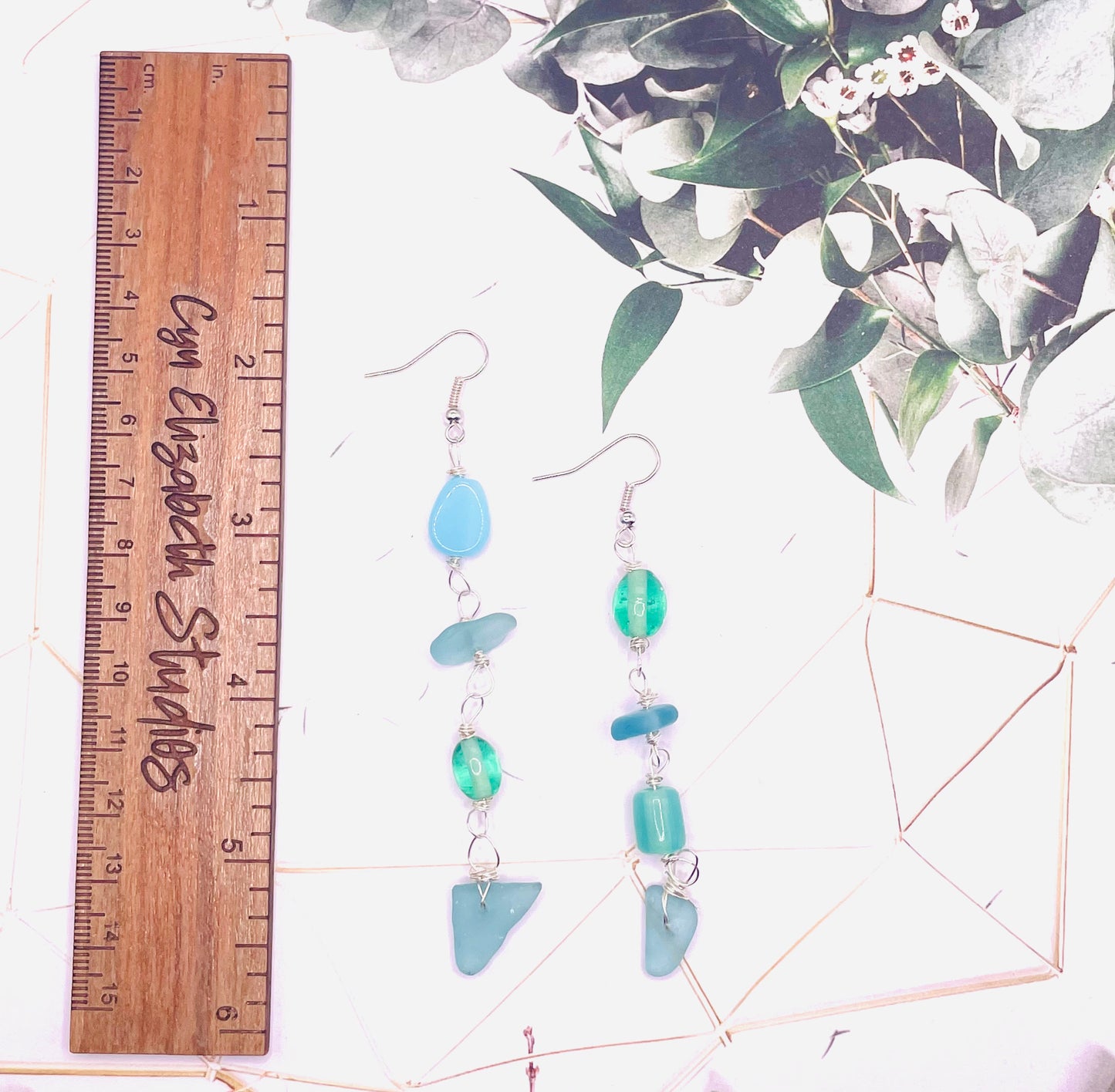 Teal Sea Glass and Bead Earrings