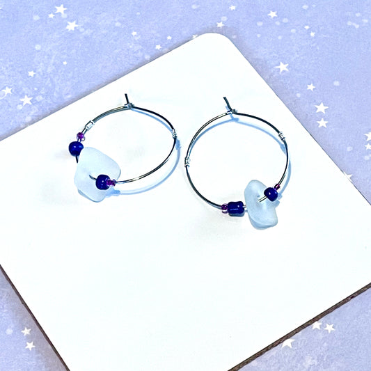 Blue Hoop Sea Glass Earrings