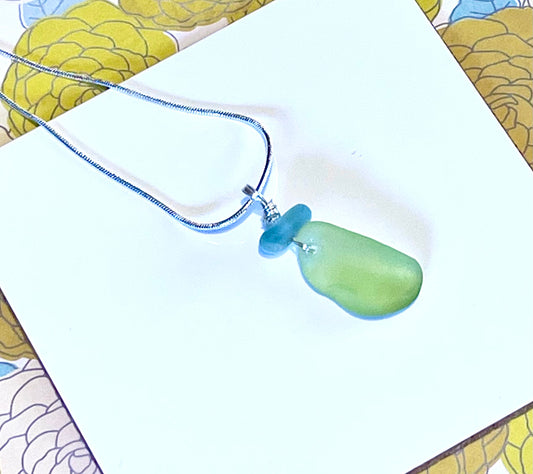 Lime and Bright Blue Sea Glass Necklace