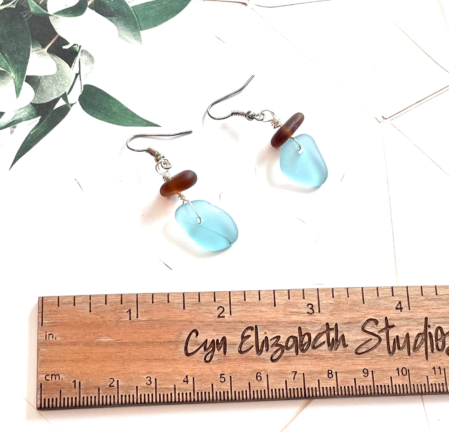 Aqua and Brown Sea Glass Earrings