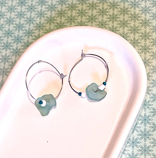 Aqua Sea Glass Hoop Earrings