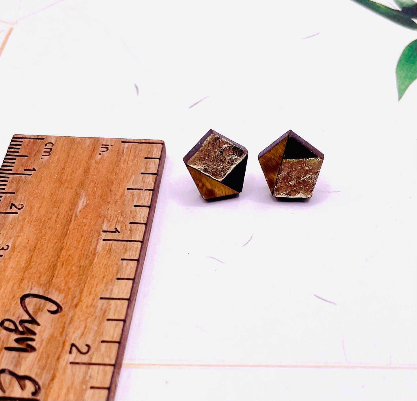 Gold Leaf Pentagon Wood Stud Earrings