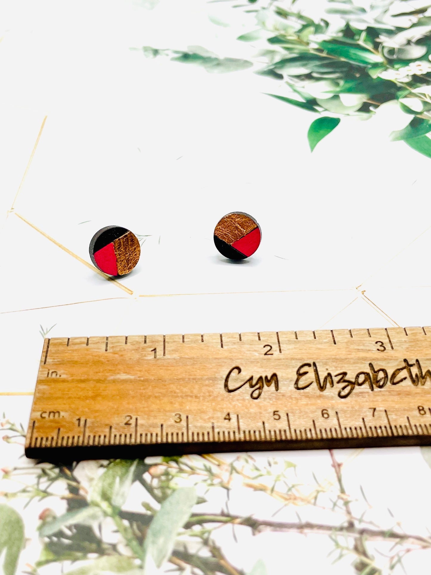 Pink and Copper Wood Stud Earrings