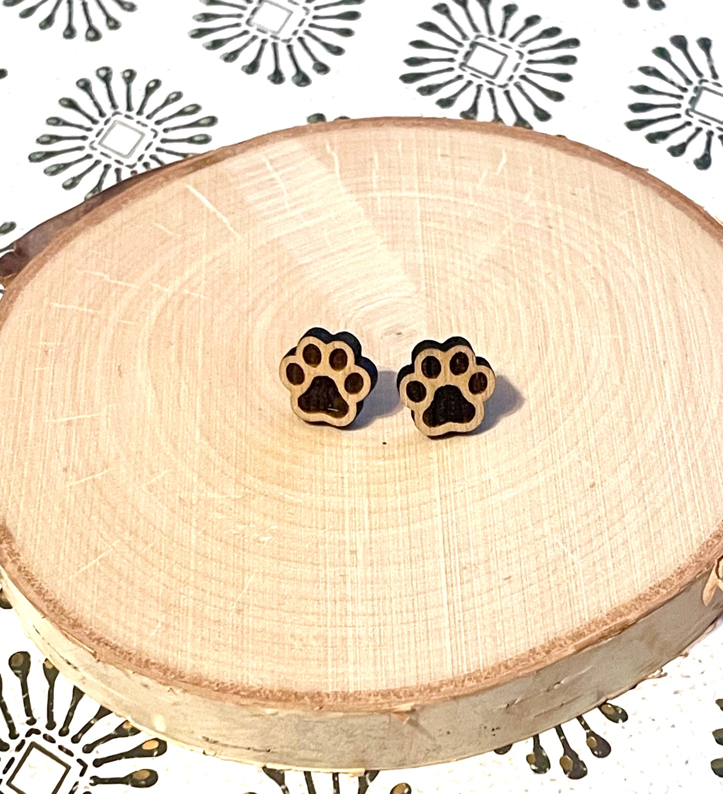 Paw Print Wood Stud Earrings