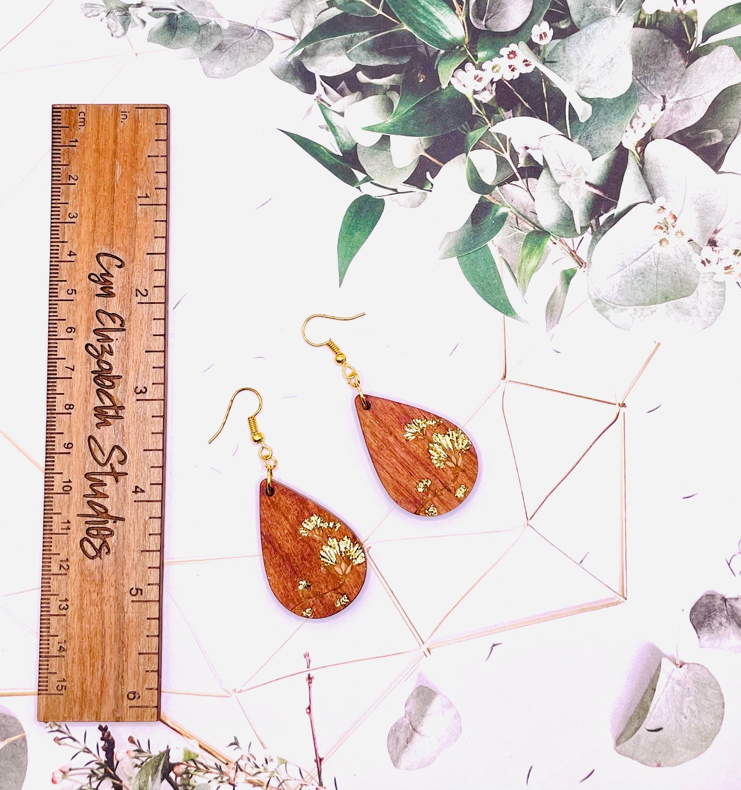 Gold Leaf Floral Wooden Earrings