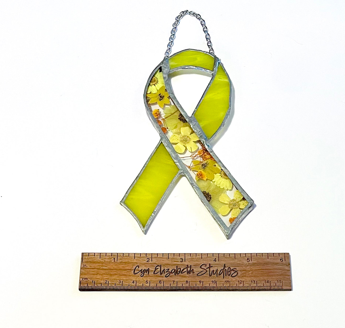 Stained Glass Yellow Awareness Ribbon with Flower Inlay