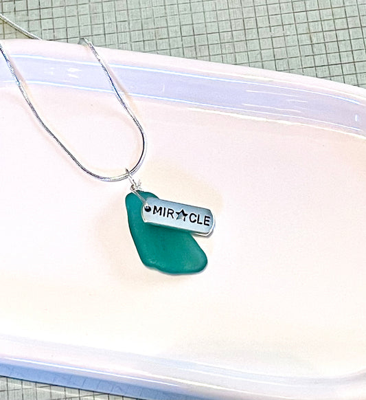 Teal Sea Glass Miracle Charm Necklacr