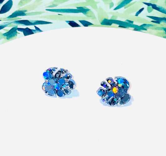 Blue Leaf Glitter Stud Earrings