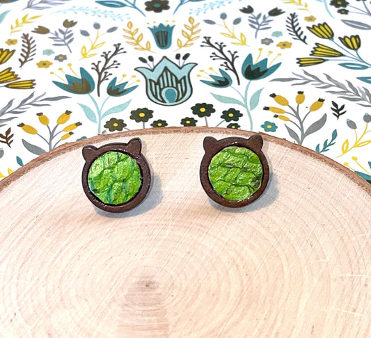 Green Bear Fish Skin Stud Earrings