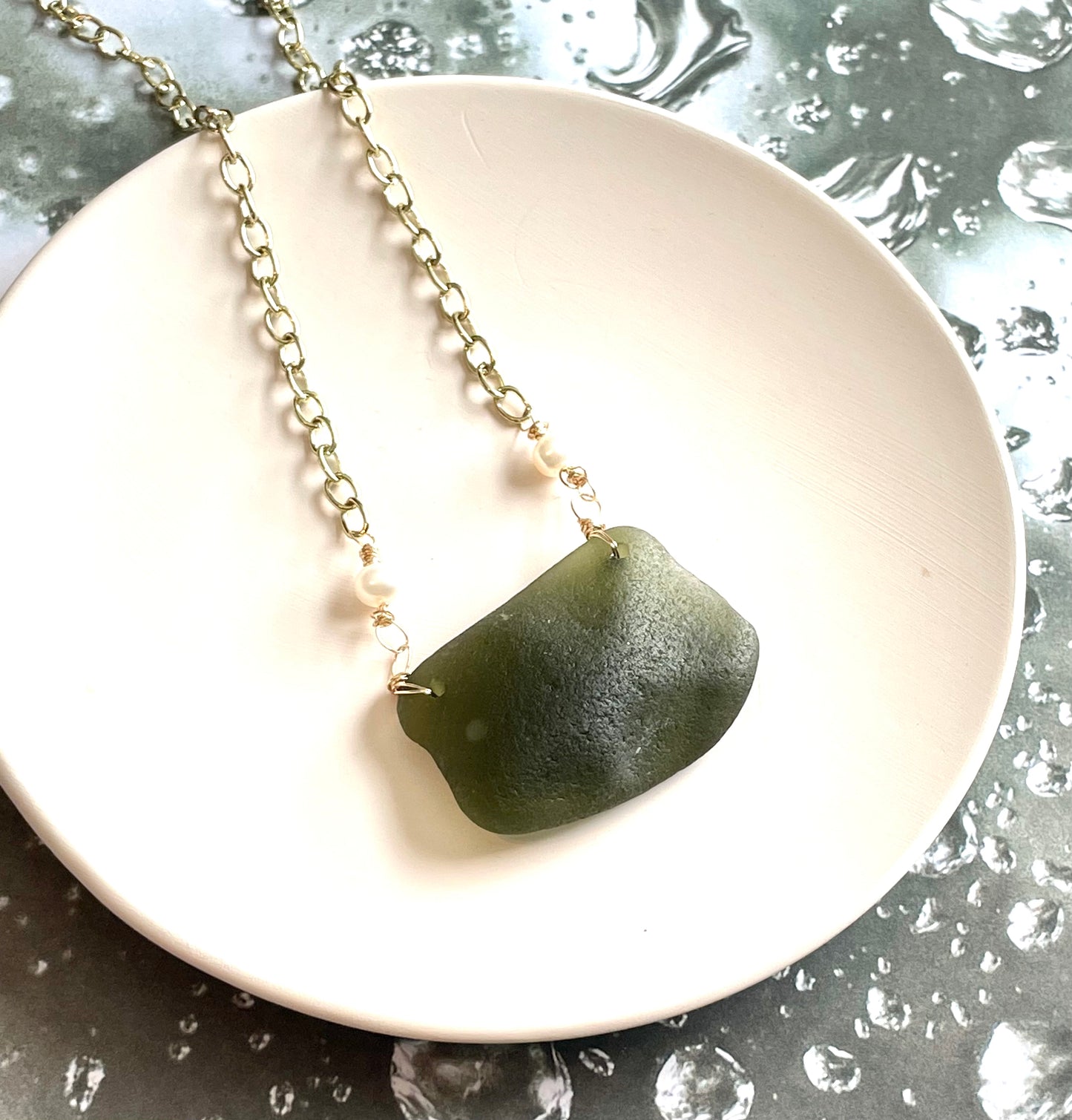 Olive Green Sea Glass Statement Necklace with Pearls