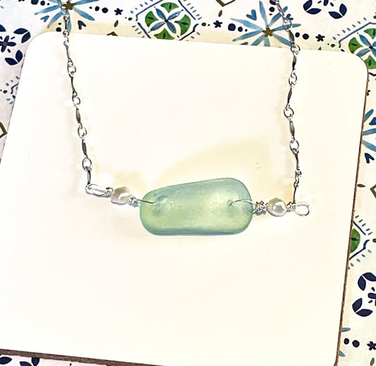 Aqua Sea Glass and Pearl Choker Necklace