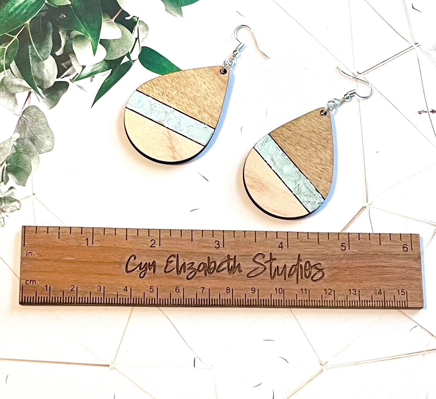 Silver Leaf Stripe Wood Earrings