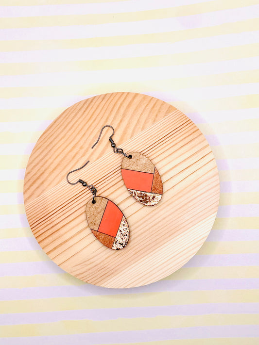 Coral and Silver Wooden Earrings