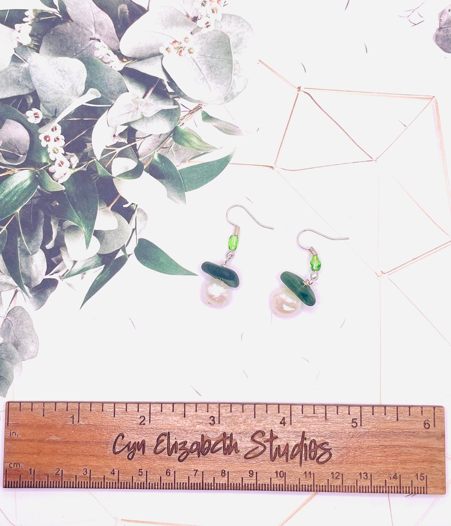 Green Sea Glass and Pearl Earrings