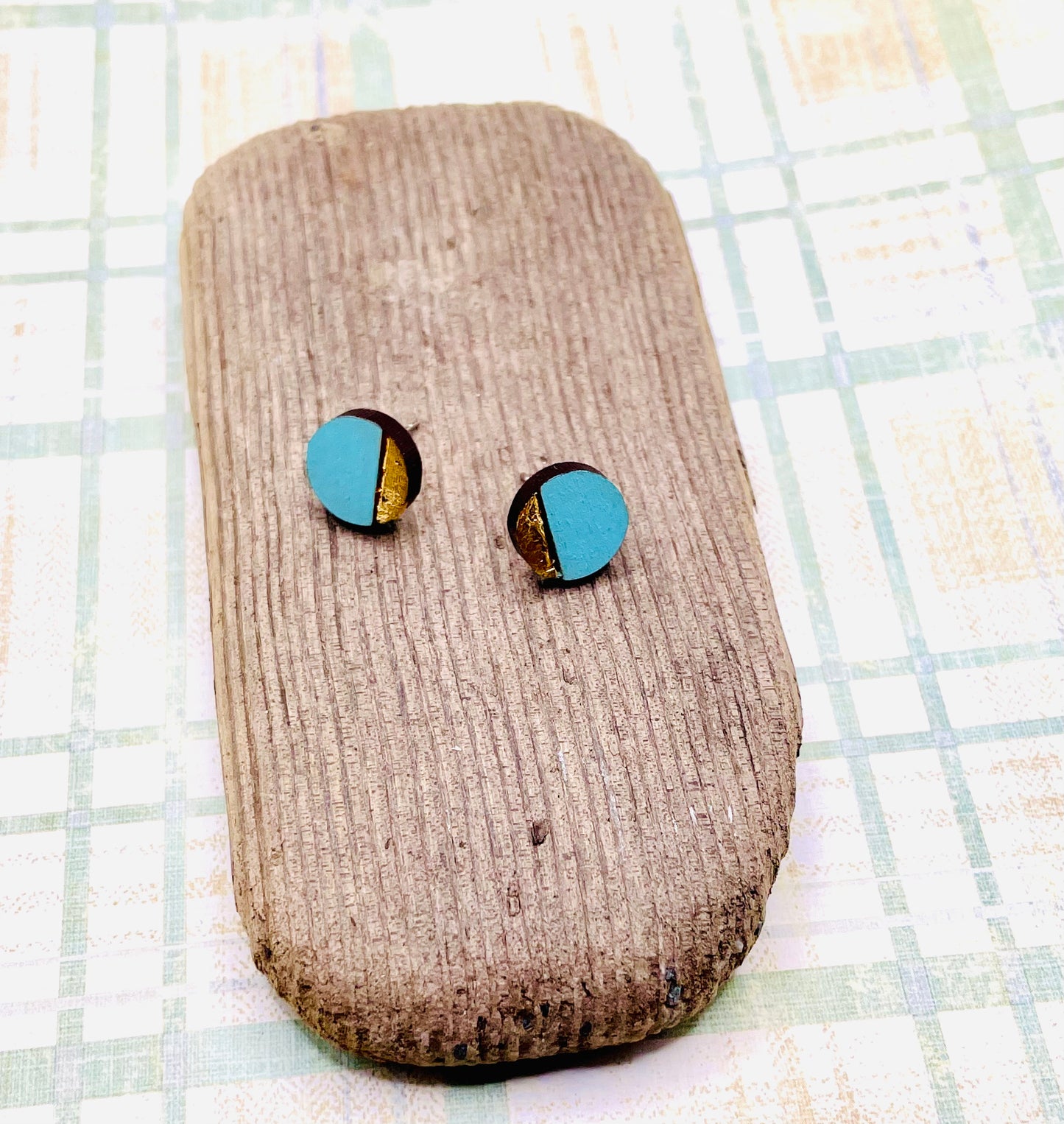 Blue and Gold Leaf Wooden Earrings