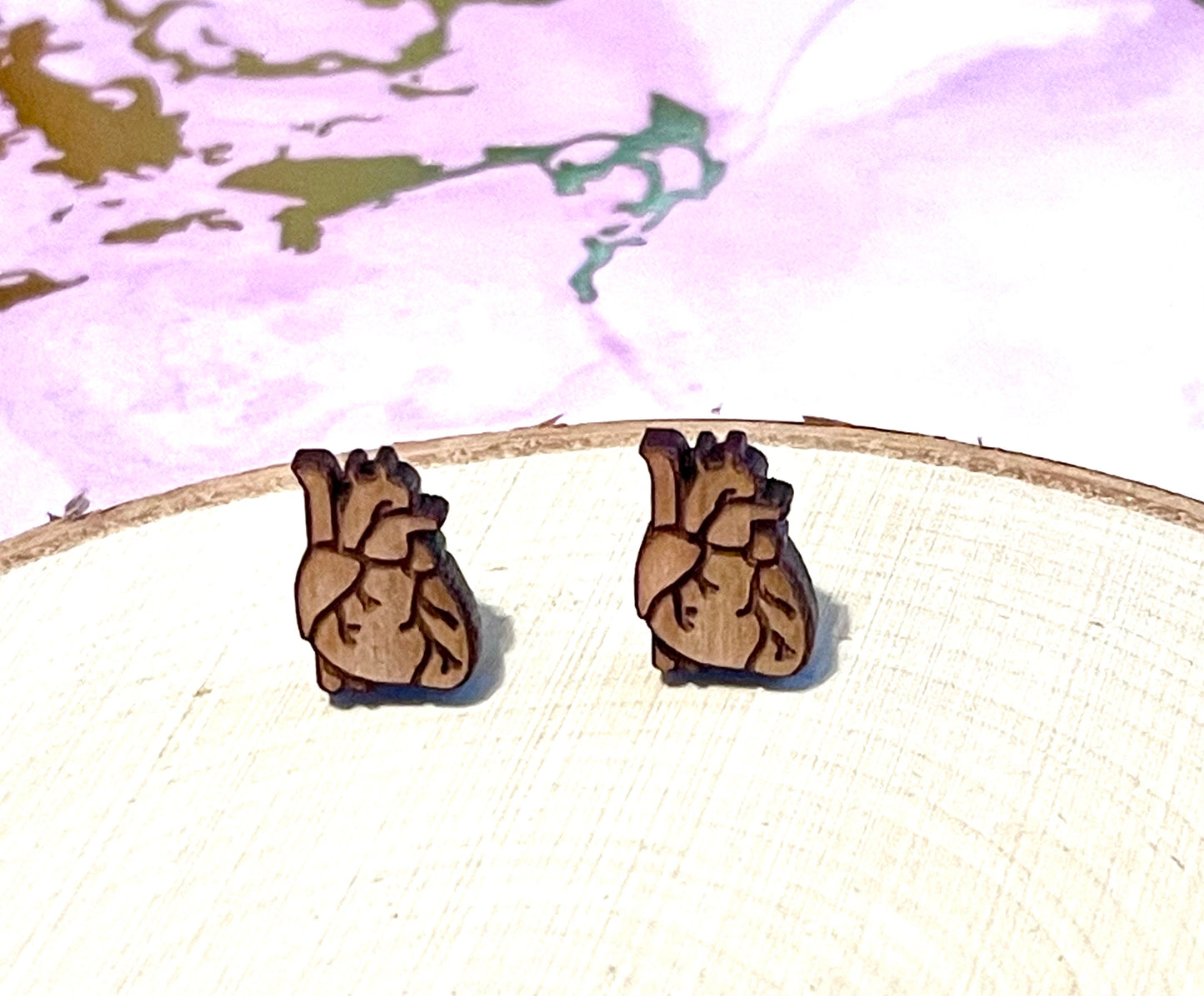 Anatomical Heart  Wood Stud Earrings