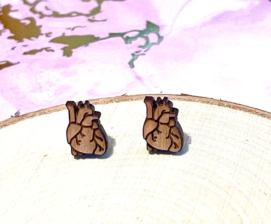 Anatomical Heart Wood Stud Earrings