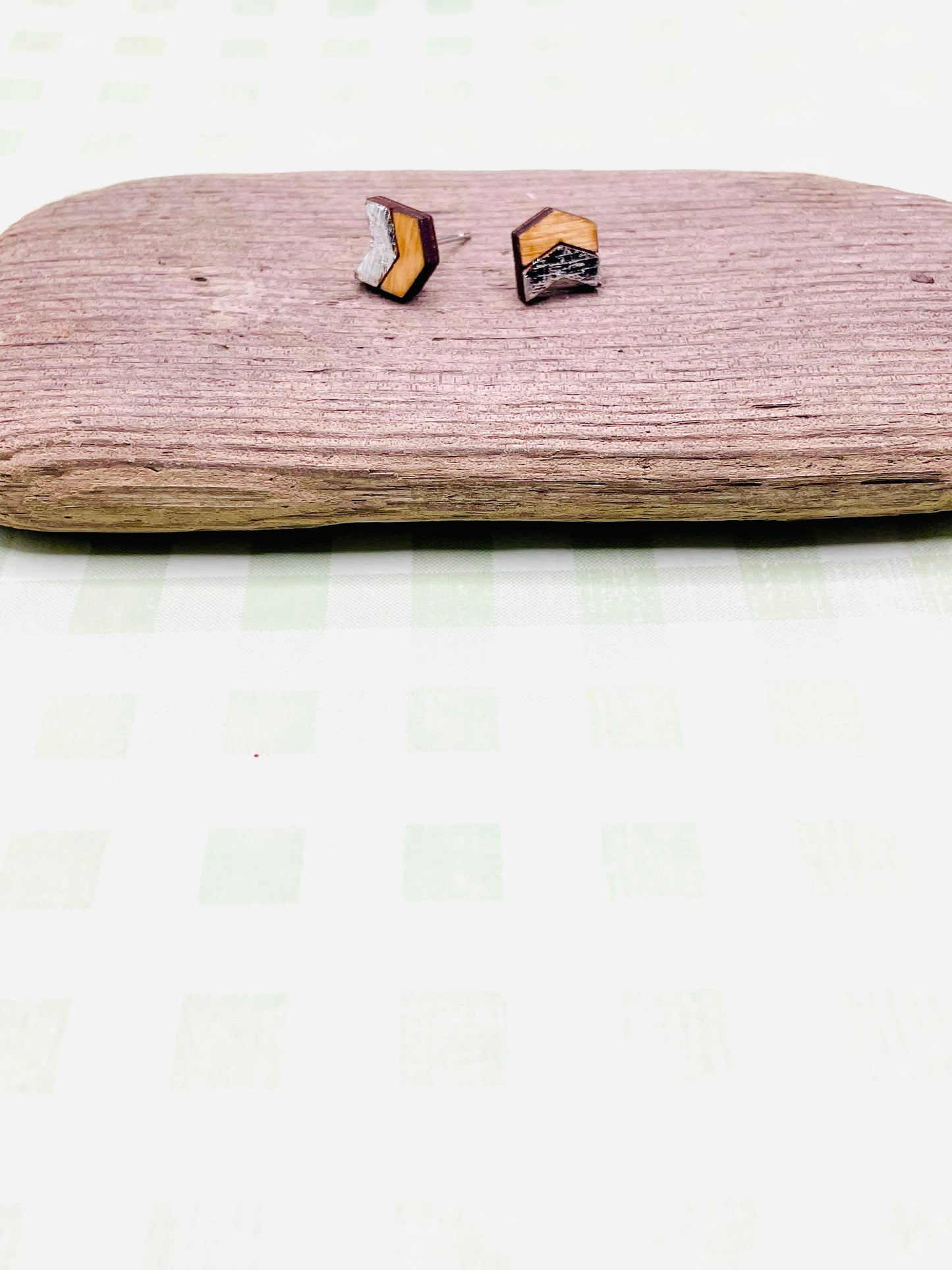 Silver and Wood Stud Earrings