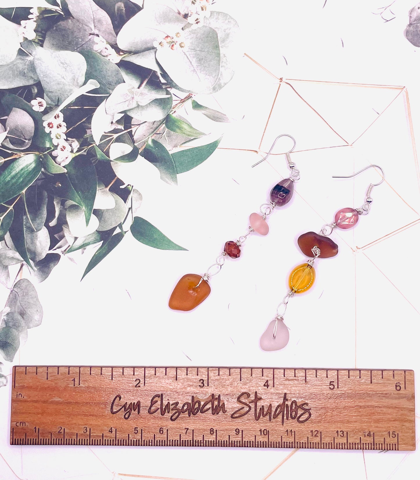 Lavender and Brown Sea Glass and Beaded Earrings