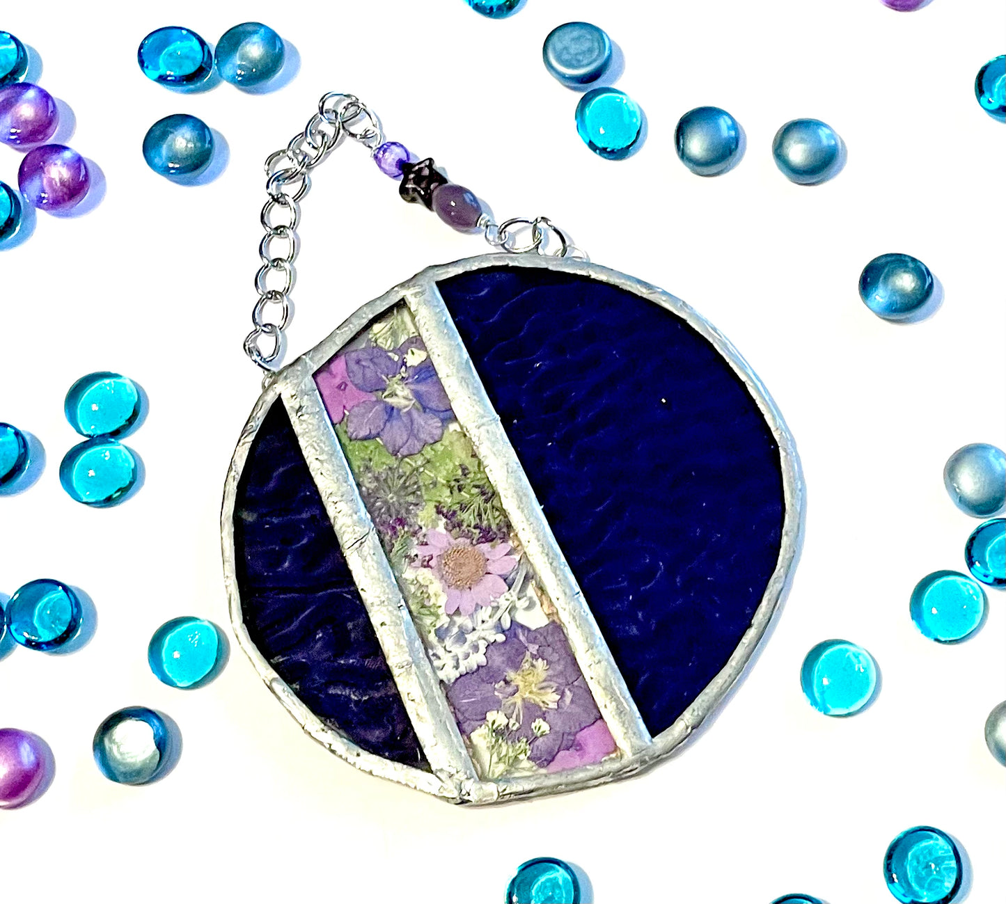 Art Deco Purple Stained Glass with Flower Inlay