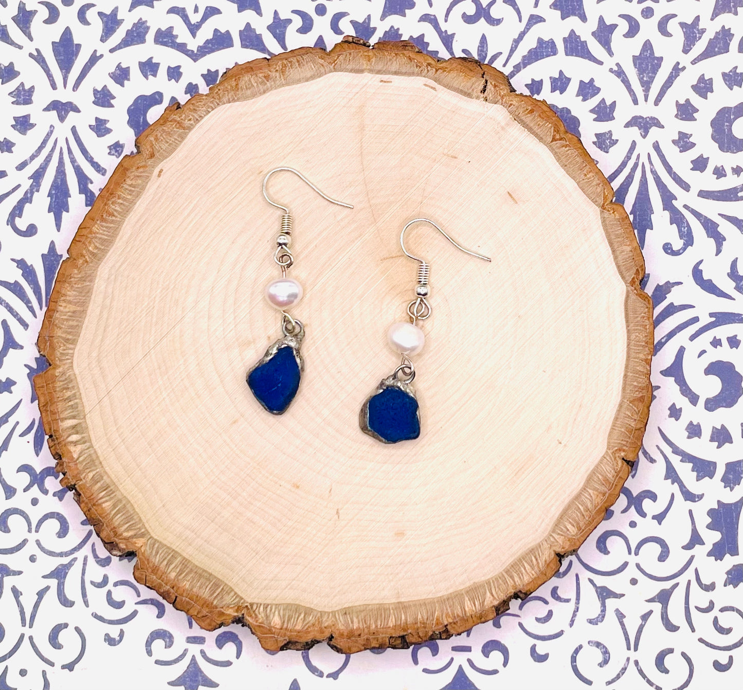 Cobalt Blue Sea Glass and Pearl Earrings