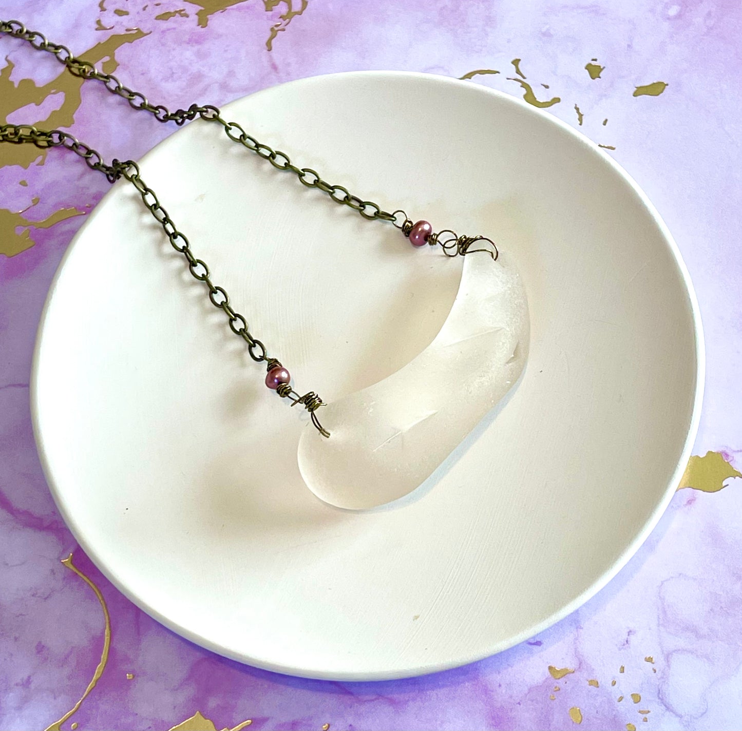 Large Sea Glass Choker Pendant Necklace with Pearl Accents